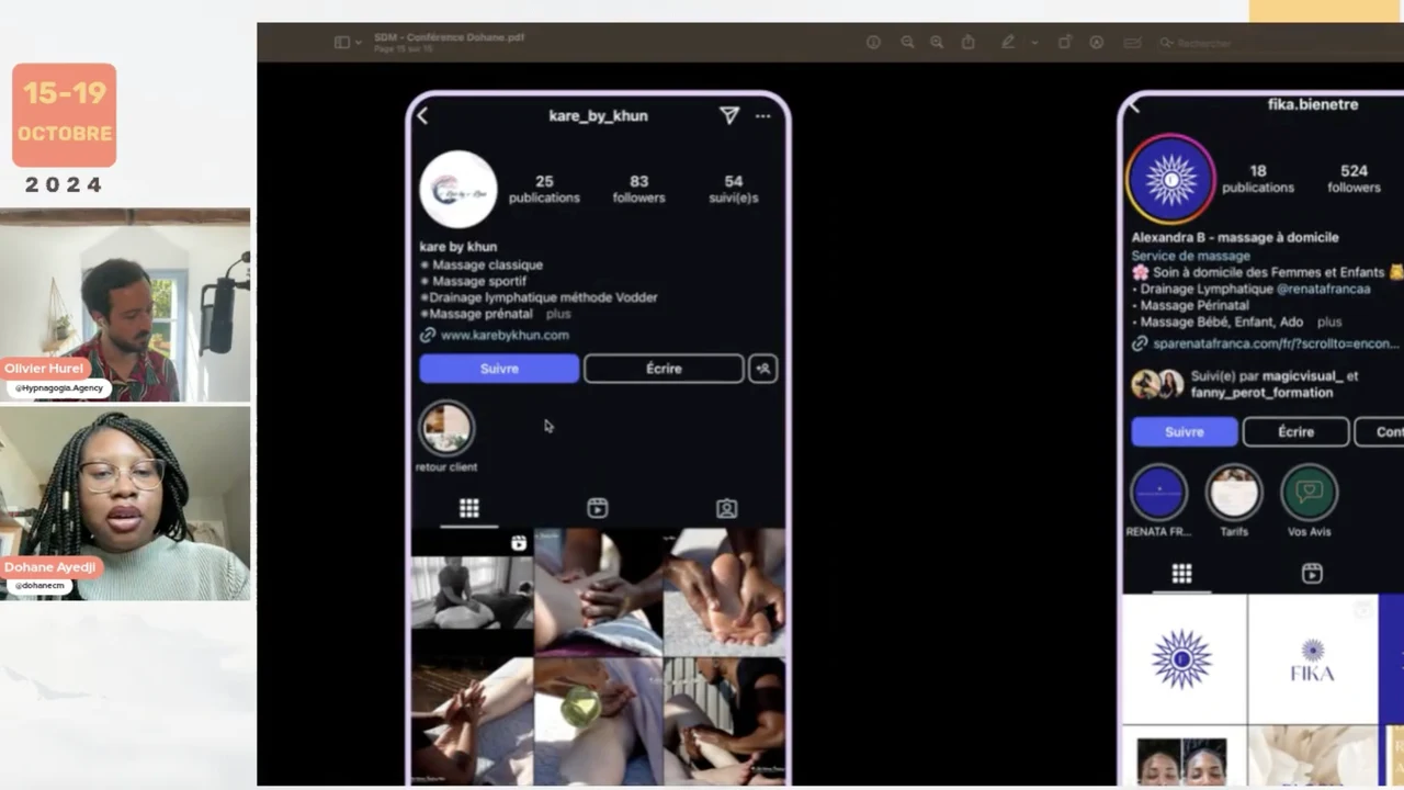 Olivier Hurel et Dohane, community manager spécialisée massage, pendant la conférence Booste ton activité grâce à ChatGPT et Instagram au Sommet des Masseur·euse·s