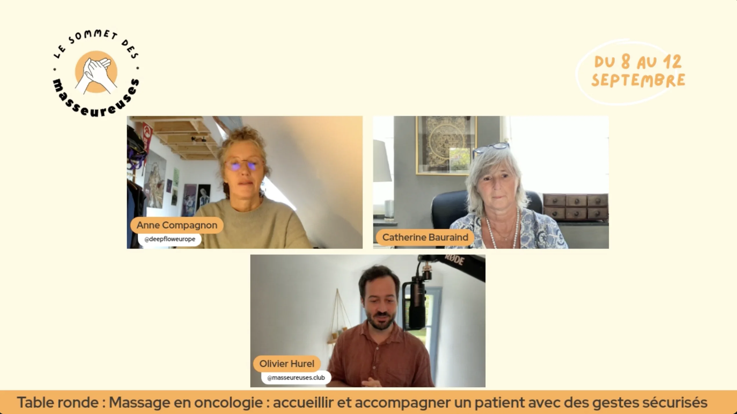 Anne Compagnon, Catherine Bauraind et Olivier Hurel pendant la table ronde Massage en oncologie au Sommet des Masseur·euse·s